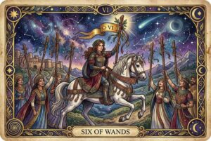 Tarot-Karte zeigt einen Reiter mit erhobenem Stab, umgeben von fünf weiteren Stäben, die seinen Sieg und die öffentliche...