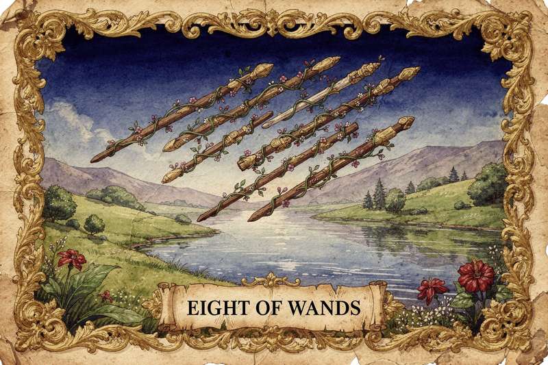 Acht Stäbe fliegen diagonal nach oben durch einen Himmel mit warmen Farbtönen, symbolisierend schnelle Entwicklung und...