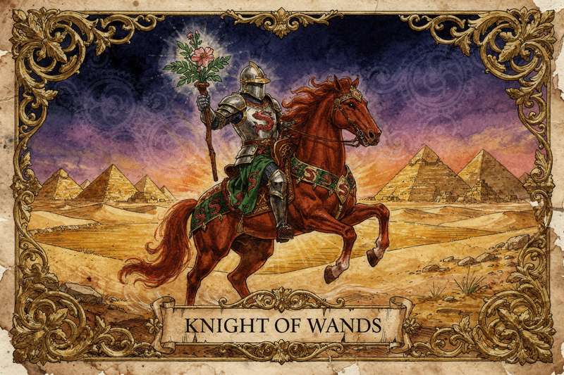 Tarotkarte zeigt einen Ritter in roter Rüstung auf einem galoppierenden Pferd, der einen brennenden Stab hält und wilde...