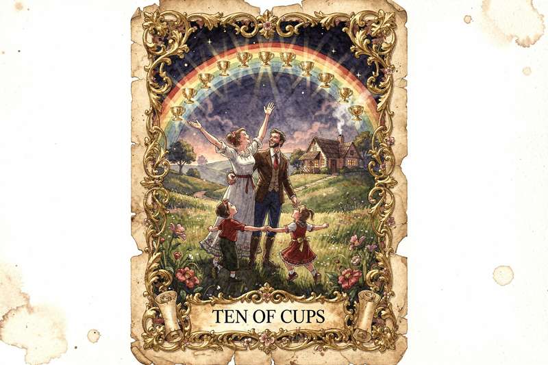 Tarotkarte Zehn der Kelche zeigt eine Familie in liebevoller Umarmung unter einem Regenbogen mit zehn goldenen Kelchen am Himmel.