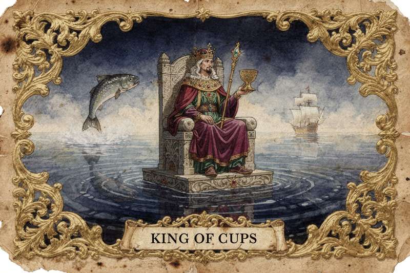 Tarotkarte zeigt einen König in königlichen Gewändern, der auf einem Thron sitzt und einen Kelch in den Händen hält, der für...
