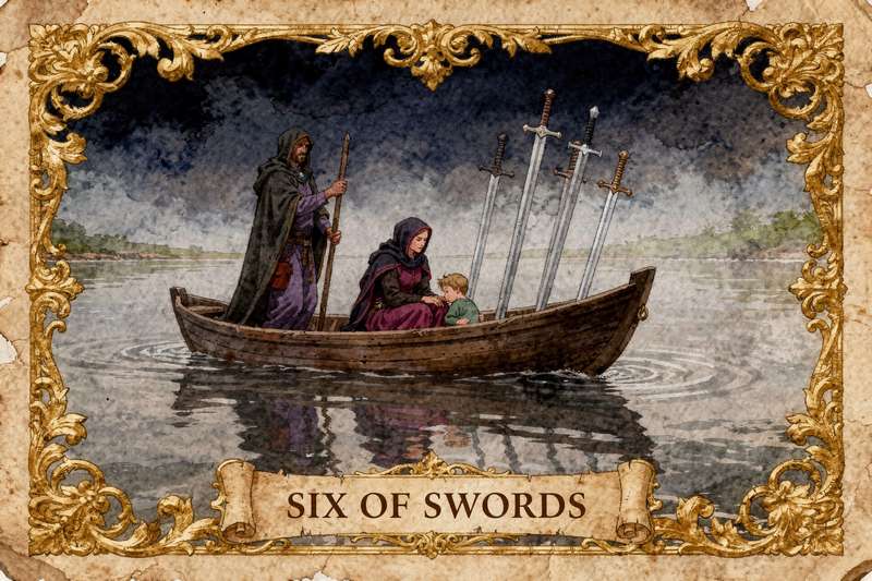 Tarotkarte zeigt eine Person in einem Boot, die über ruhiges Wasser zu einem neuen Ufer gleitet, während sechs Schwerter...