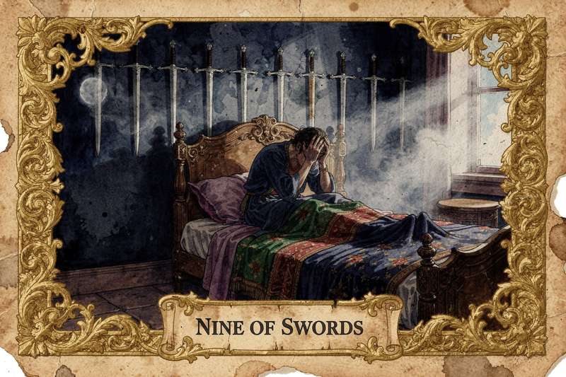 Tarot-Karte der Neun der Schwerter zeigt eine Person in Bett, die von neun schwebenden Schwertern umgeben ist und innere Angst...