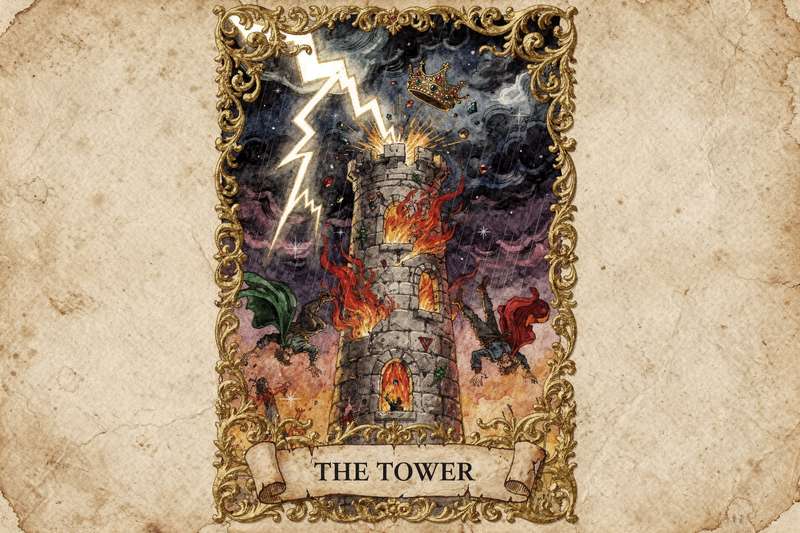 Turm Tarotkarte zeigt einen von Blitzen getroffenen Turm mit abstürzenden Figuren, die plötzliche Veränderungen und...