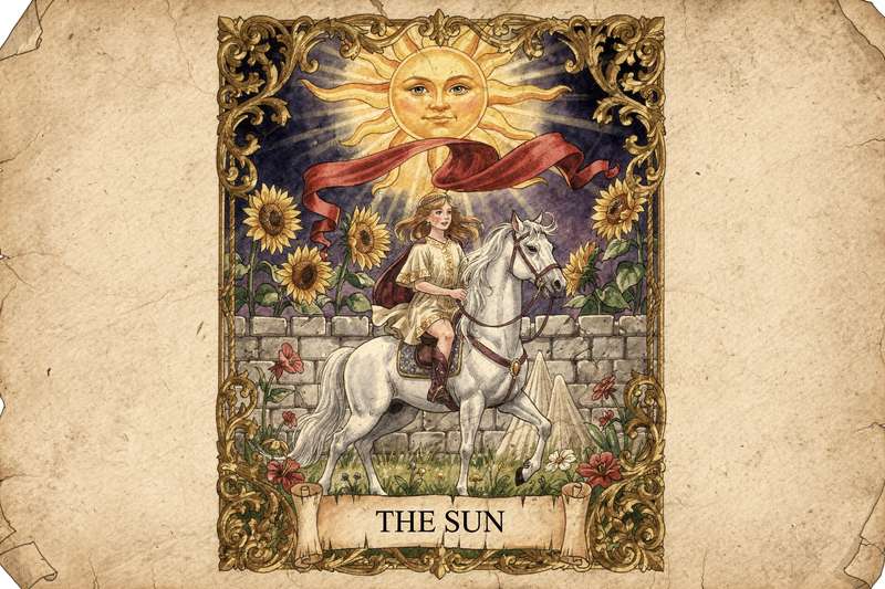 Goldstrahlende Tarot-Karte Die Sonne mit leuchtendem Stern und symbolischen Elementen zur Darstellung von Hoffnung und...
