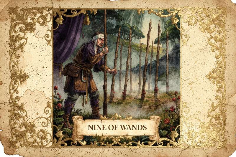 Tarotkarte zeigt einen Mann, der neun Stäbe hält und Ausdauer sowie innere Kraft symbolisiert.