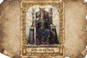 Tarotkarte König der Schwerter zeigt einen majestätischen Mann auf einem Thron, der ein Schwert aufrecht hält und für...