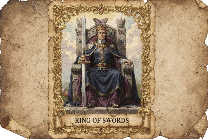 Tarotkarte König der Schwerter zeigt einen majestätischen Mann auf einem Thron, der ein Schwert aufrecht hält und für...