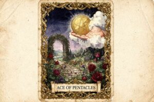 Tarotkarte Ass der Pentakel zeigt ein goldenes Münzsymbol, das Wohlstand und neue finanzielle Chancen repräsentiert.