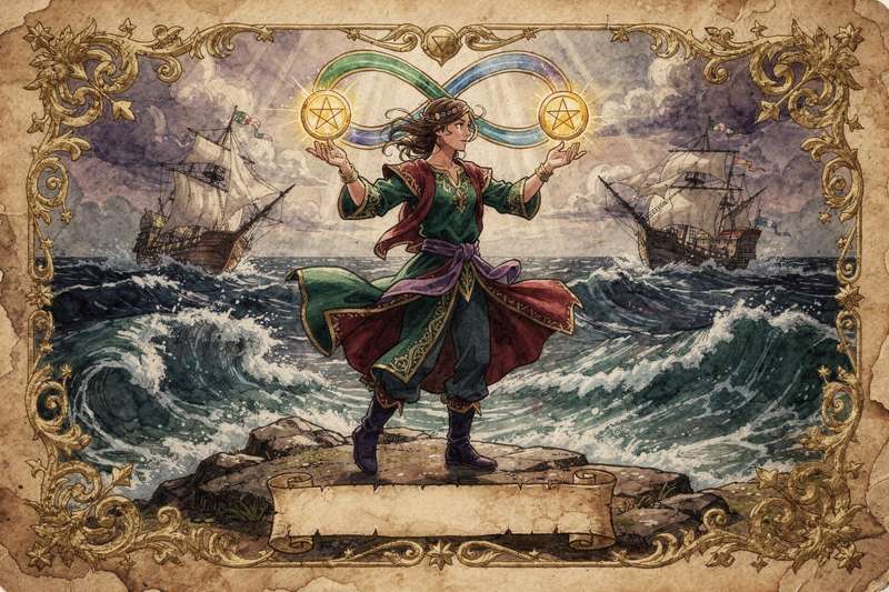 Tarotkarte zeigt einen Jongleur, der zwei goldene Münzen balanciert und dabei die Harmonie zwischen Geben und Nehmen symbolisiert.