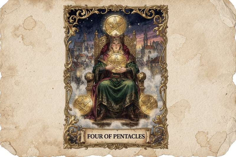 Tarotkarte zeigt einen Mann, der vier Münzen in schützender Haltung um sich hält und Wohlstand mit Vorsicht bewacht.
