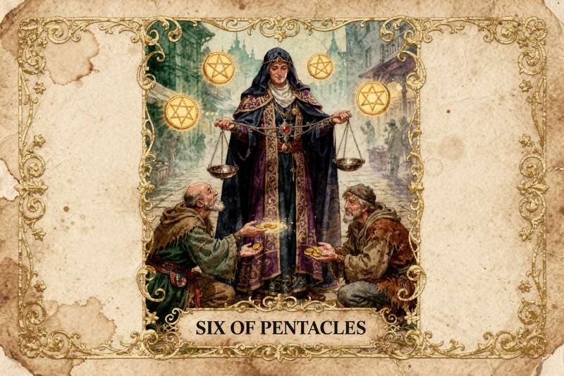 Tarotkarte Sechs der Pentakel zeigt einen Händler mit Waage, der Münzen an bedürftige Menschen verteilt.