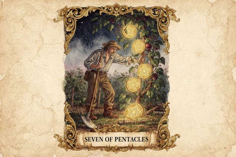 Tarotkarte zeigt einen Arbeiter, der geduldig seine Münzpflanzen pflegt und bei seinem langfristigen finanziellen Aufbau verweilt.