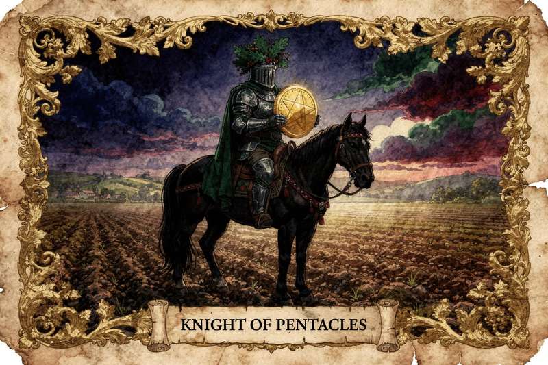 Junger Mann in mittelalterlicher Rüstung sitzt aufrecht auf einem schwarzen Pferd und hält ein goldenes Pentakel-Symbol in den...