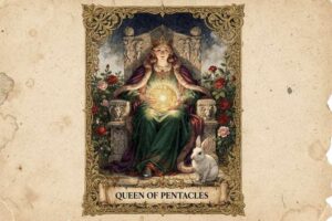 Tarot-Karte zeigt eine wohlhabende Frau mit Krone, die ein goldenes Pentakel hält und großzügig über ihren materiellen...
