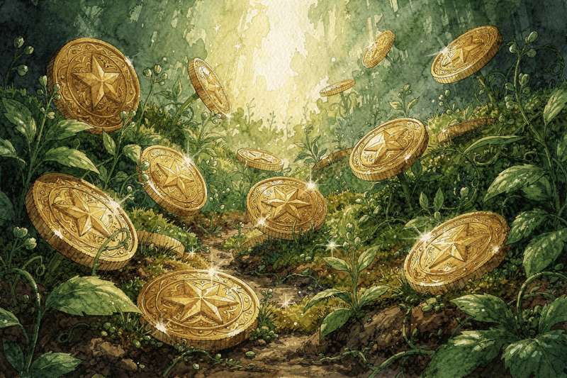 Alle vierzehn Pentakel-Tarotkarten von Ass bis König in einer Übersichtsdarstellung mit ihren individuellen Symbolen und...