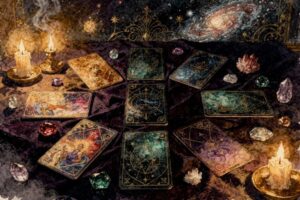 Zehn Tarotkarten in der klassischen Anordnung des Keltischen Kreuzes mit symbolischen Positionen zur Deutung von Lebensfragen.