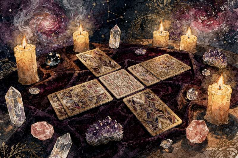 Tarotkarten ausgebreitet in einem Fünf-Karten-Layout auf dunklem Untergrund zur Deutung von Beziehungsfragen und emotionalen...