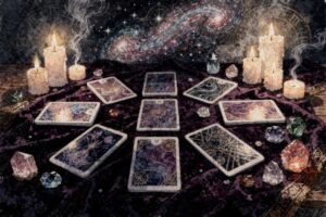 Tarotkarten in Spread-Anordnung auf einem dunklen Tuch zur Deutung von Wohlstand und finanzieller Entwicklung.