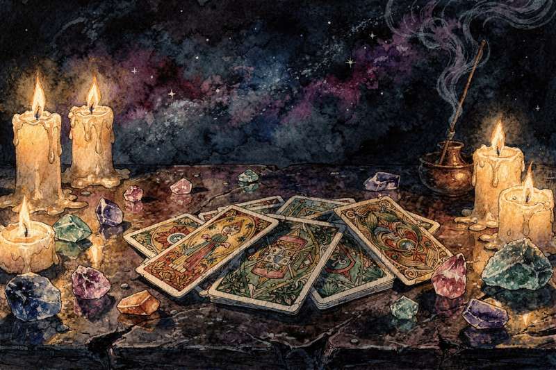 Sieben Tarotkarten in einer symmetrischen Anordnung auf dunklem Untergrund, die verschiedene Aspekte des Loslassens und...