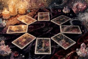 Neun Tarotkarten in kreisförmiger Anordnung zur Darstellung eines Heilungs-Spreads für emotionale Balance und inneres...