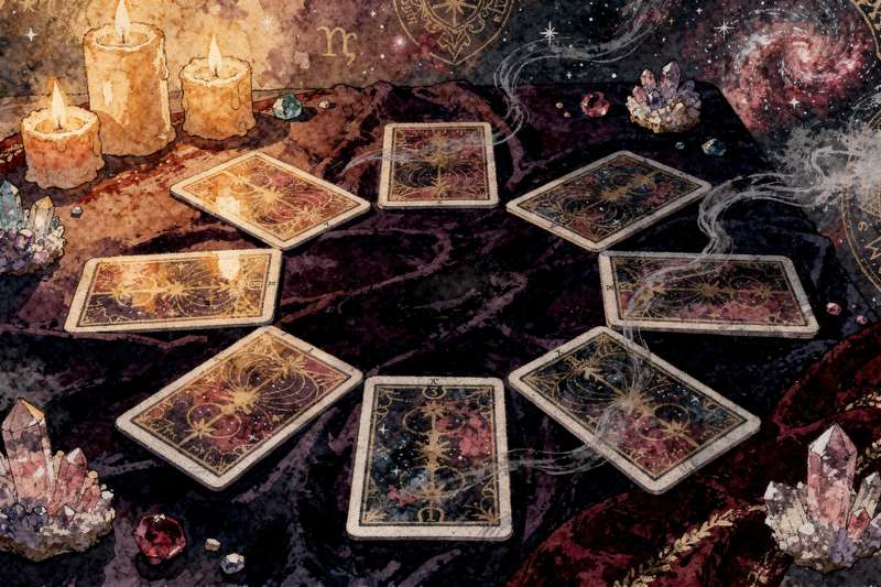 Neun Tarotkarten in kreisförmiger Anordnung zur Darstellung eines Heilungs-Spreads für emotionale Balance und inneres...