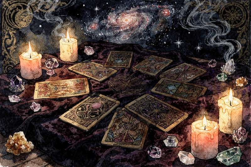 Tarot-Karten in einer Kreis-Anordnung zur Visualisierung von Manifestationszielen und energetischer Ausrichtung.