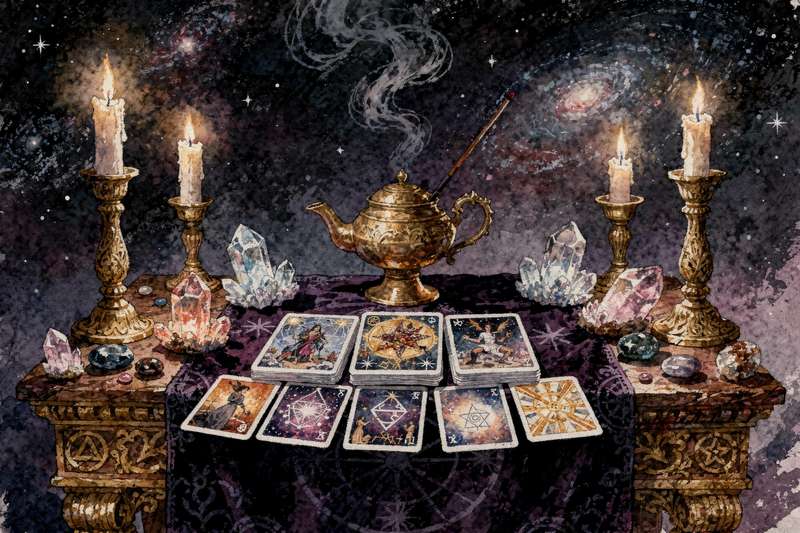 Tarot-Karten ausgebreitet in einem Halbkreis zur Visualisierung von Manifestationszielen und spiritueller Wegführung.