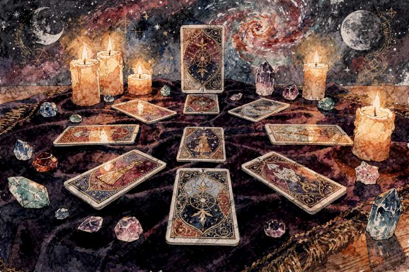 Tarotkarten werden in einem Legesystem auf einem dunklen Tuch arrangiert, um Wohlstandsmanifestation und finanzielle Ziele zu...