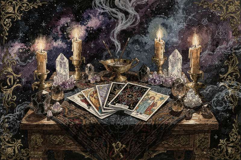 Verschiedene Tarotkarten liegen auf einem dunklen Untergrund in einer Legungsmuster zur Deutung von Karriere- und Finanzfragen.
