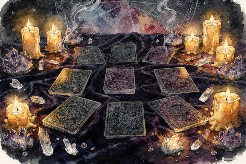 Tarotkarten in einem Kreislegesystem angeordnet zur Deutung der Jahresprognose und persönlichen Entwicklung.