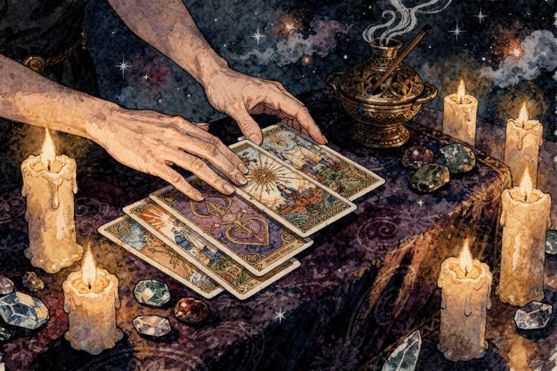 Eine ausgebreitete Tarotkartenmischung auf einer dunklen Oberfläche mit leuchtenden Karten, die spirituelle Selbsterkenntnis...