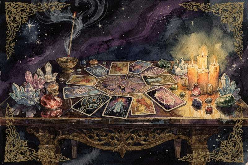 Ausgebreitete Tarotkarten zeigen verschiedene Arkana in mystischer Anordnung für kombinierte Deutungen.