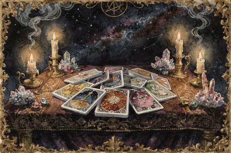 Mystische Tarotkarte mit Symbolen für Skorpion-Energie, die Transformation, Tiefgang und verborgene Wahrheiten visuell darstellt.