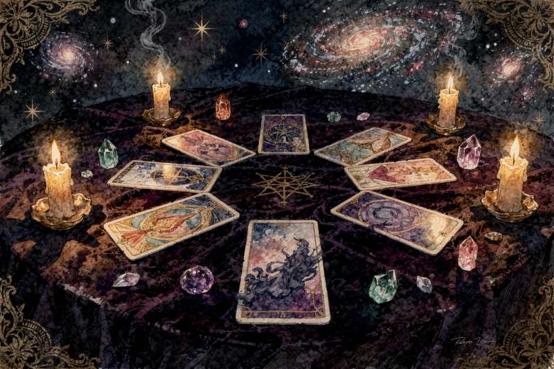 Zwölf Tarotkarten in kreisförmiger Anordnung, die die Monate des kommenden Jahres symbolisieren und Einblicke für die...
