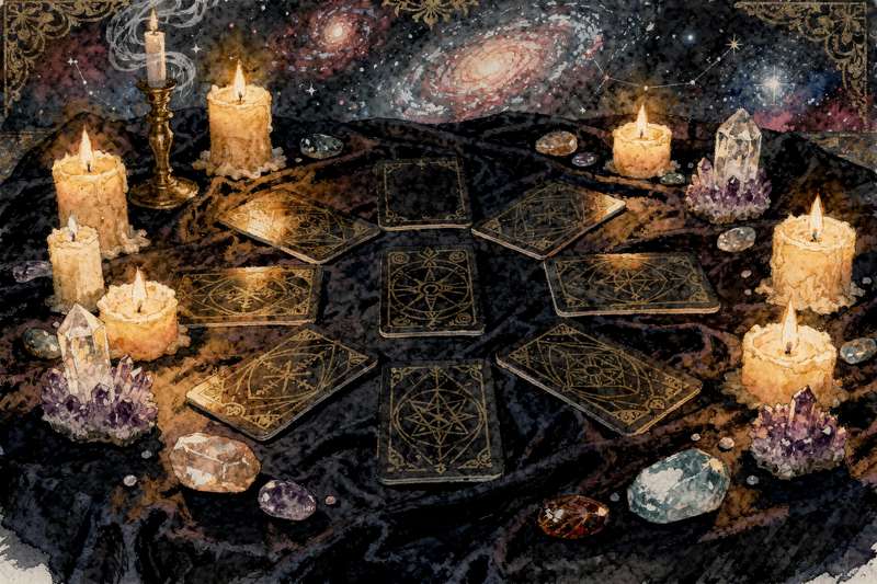 Tarotkarten in spirituellem Arrangement zum Erkunden der eigenen Persönlichkeit und inneren Wahrheit.