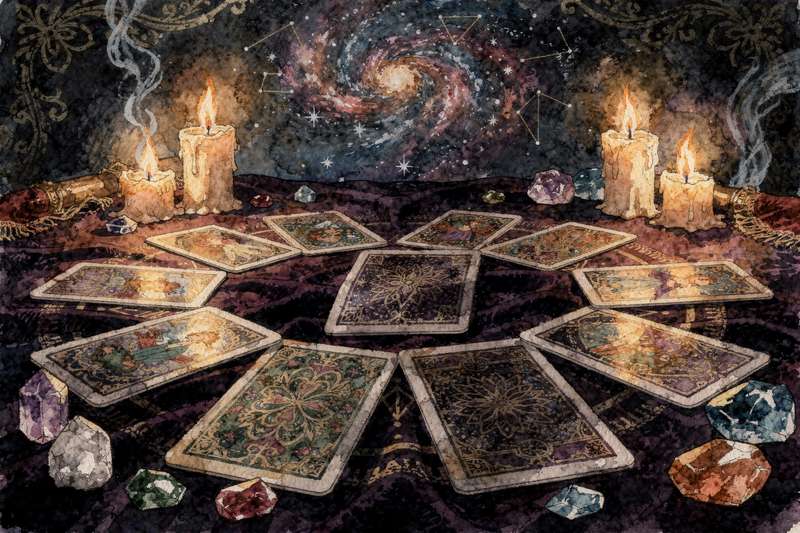 Tarotkarten in einem Chakra-Spread zur Deutung der sieben Energiezentren des Körpers angeordnet.