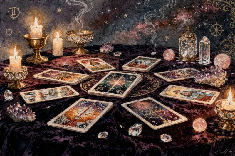 Sieben Tarotkarten in einer Reihe angeordnet, jede für einen Wochentag, mit mystischen Symbolen und goldenen Verzierungen auf...