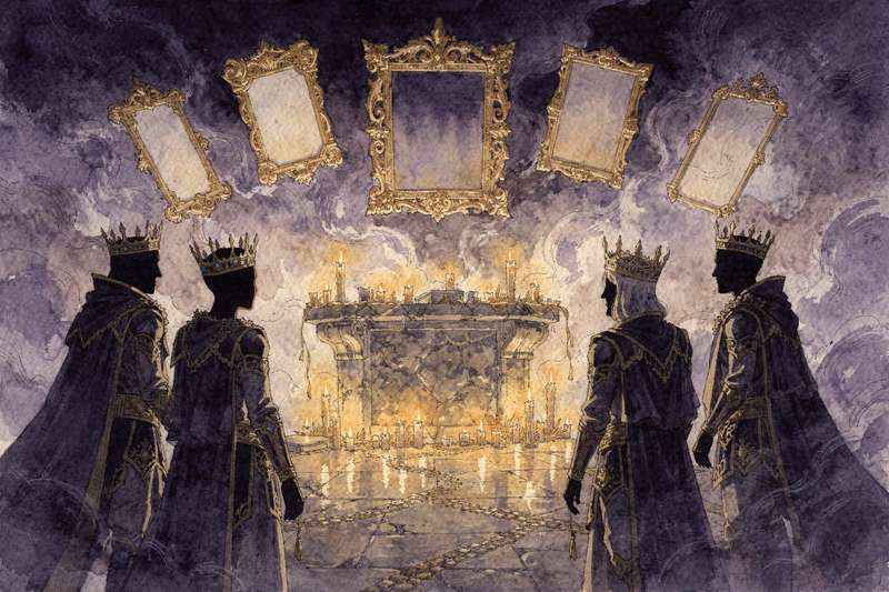 Vier Tarot-Hofkarten mit König, Königin, Ritter und Bube in ornamentalen Gewändern und Farben der vier Anzüge.