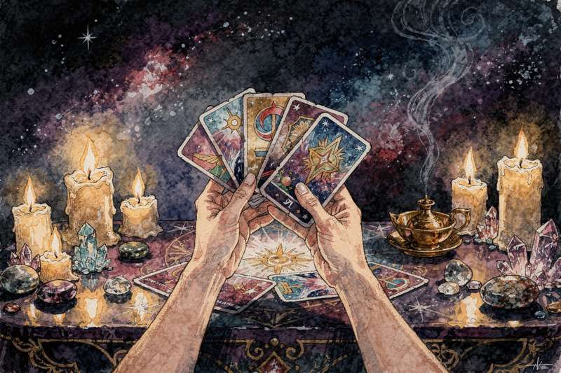 Verschiedene Tarot-Karten werden mit beiden Händen gemischt und shuffled, um eine energetische Verbindung herzustellen.