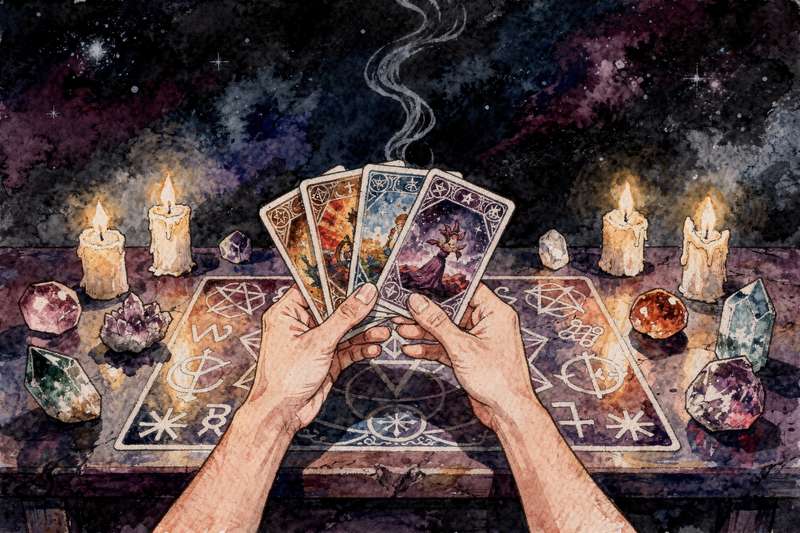 Tarotkarten werden unter Mondlicht und Kristallen gereinigt, um ihre energetische Reinheit wiederherzustellen.
