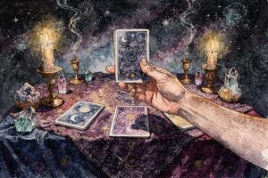 Aufgeschlagenes Tagebuch mit Tarotkarte und handgeschriebenen Notizen auf dem Schreibtisch neben Kerze und Kristallen.