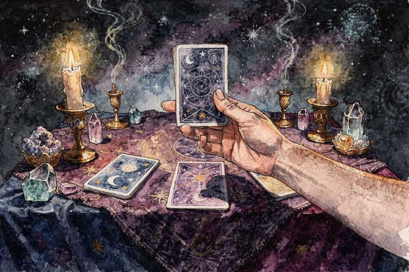 Aufgeschlagenes Tagebuch mit Tarotkarte und handgeschriebenen Notizen auf dem Schreibtisch neben Kerze und Kristallen.