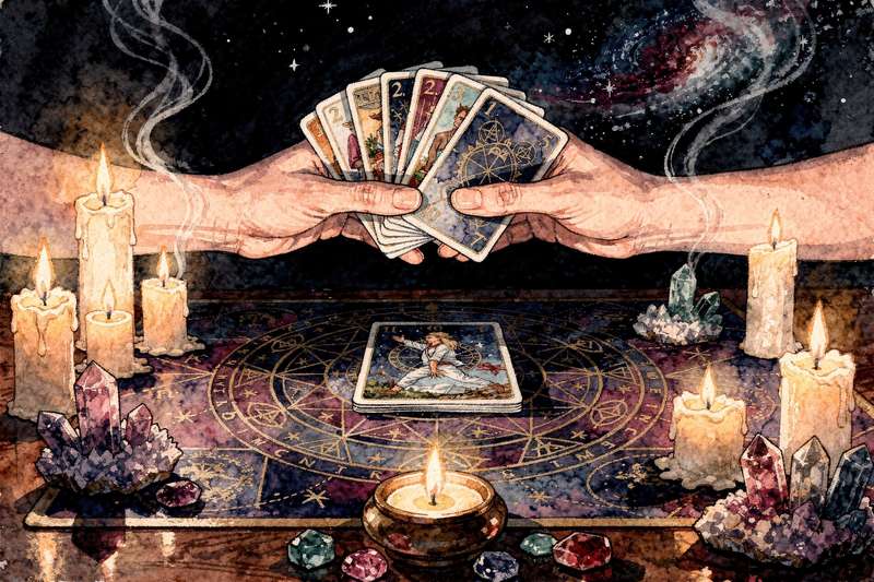 Eine Hand hält liebevoll eine Fan aus Tarotkarten, die golden schimmern und eine spirituelle Verbindung symbolisieren.