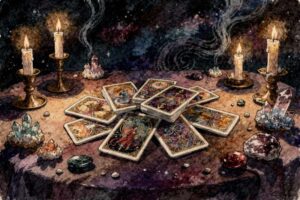 Tarotkarten liegen auf einem Tisch und symbolisieren die ganzheitliche Betrachtung von körperlicher, mentaler und spiritueller...
