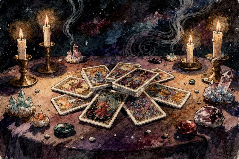 Tarotkarten liegen auf einem Tisch und symbolisieren die ganzheitliche Betrachtung von körperlicher, mentaler und spiritueller...