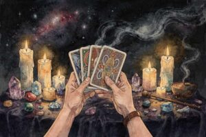 Tarotkarte mit mystischen Symbolen liegt auf einem Tuch neben Kerzen und Kristallen zur intuitiven Deutung.