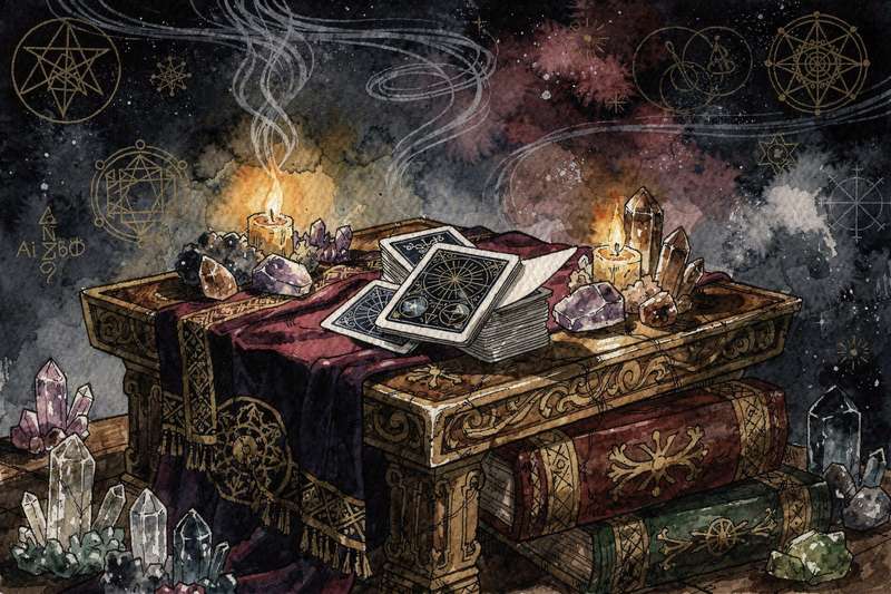 Tarotkarten in sanften Blautönen und Mondmotiven symbolisieren die intuitive Spiritualität des Sternzeichens Krebs.