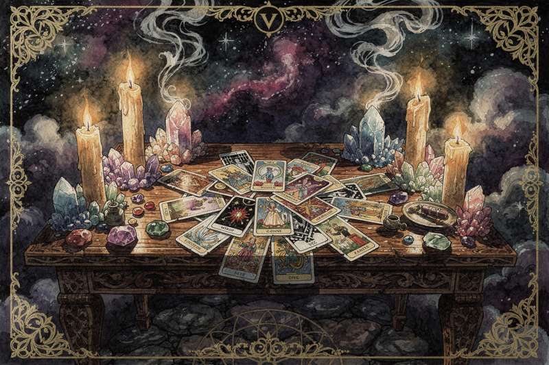 Mystische Tarotkarte mit symbolischen Bildern, die tiefe psychologische Archetypen und unbewusste Muster der menschlichen...
