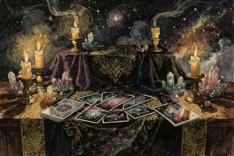 Tarotkarten auf einer dunklen Fläche neben einer brennenden Kerze und Meditationskissen für spirituelle Achtsamkeitspraxis.